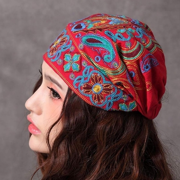 Women's Embroidery Ethnic Beanie Hat Cotton Elastic Caps. - Picture 5 of 6